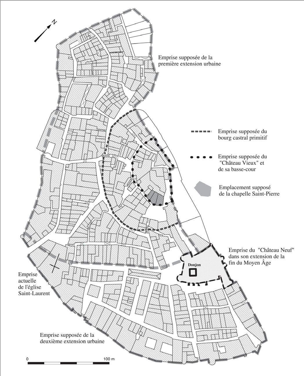Les enceintes d’Aubenas  Aubenas : plan du castrum et de son évolution à partir du plan cadatral de 1833  (d’après Pierre-Yves Laffont, Atlas des châteaux du Vivarais (Xe-XIIIe siècles), Dara, Lyon, 2004)